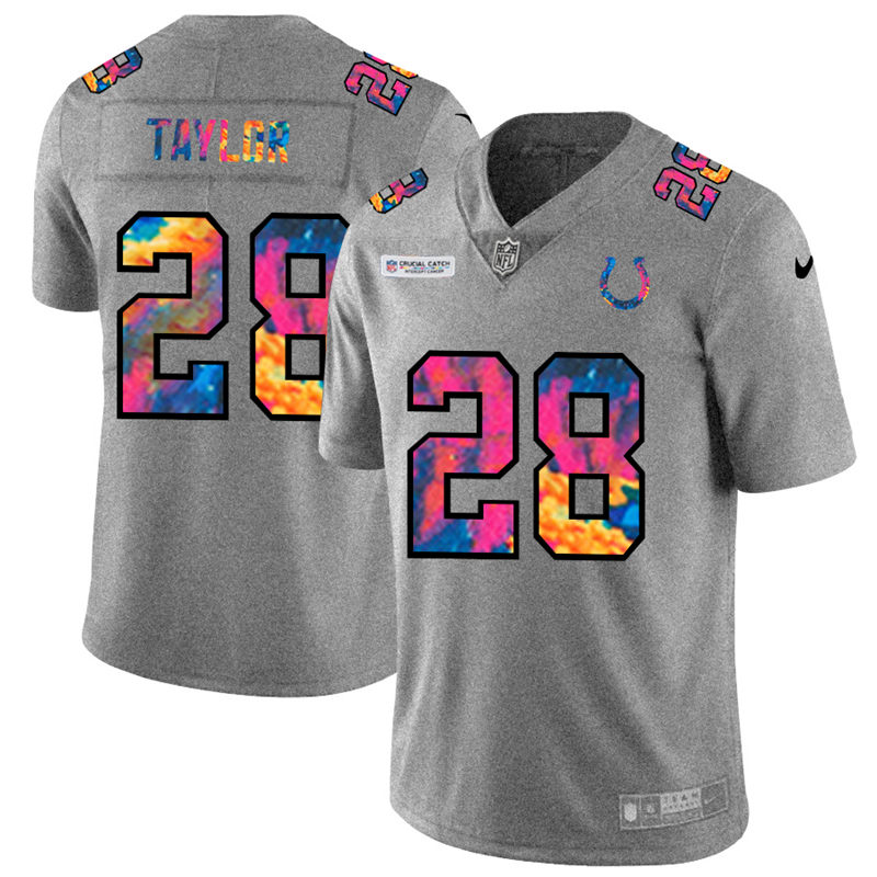 Indianapolis Colts #28 Jonathan Taylor Men's Multi-Color 2020 Crucial Catch Jersey Greyheather