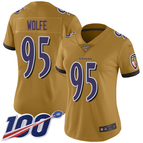 Baltimore Ravens #95 Derek Wolfe Gold Women's Stitched Limited Inverted Legend 100th Season Jersey Womens