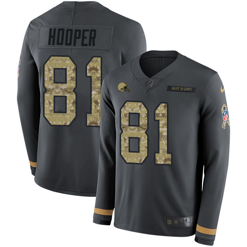 Cleveland Browns #81 Austin Hooper Anthracite Salute to Service Men's Stitched Limited Therma Long Sleeve Jersey Men's