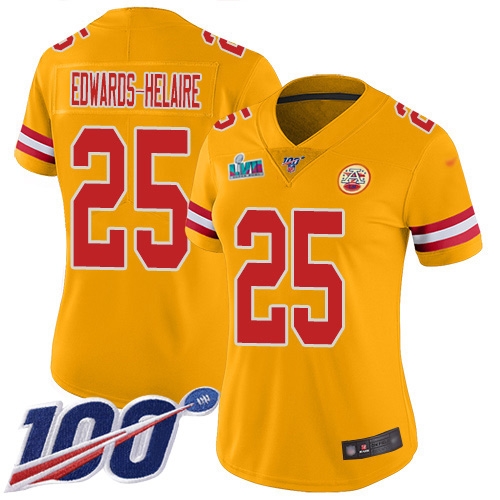 Chiefs #25 Clyde Edwards-Helaire Gold Super Bowl LVII Patch Women's Stitched Limited Inverted Legend 100th Season Jersey