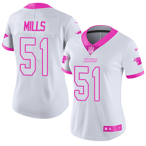 Carolina Panthers #51 Sam Mills White/Pink Women's Stitched Limited Rush Fashion Jersey Womens