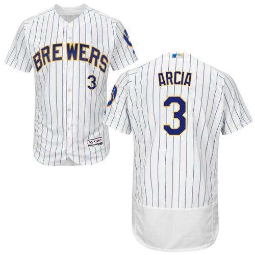 Milwaukee Brewers #3 Orlando Arcia White Strip Flexbase Authentic Collection Stitched Jersey Men's