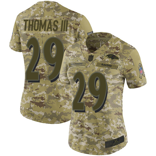 Baltimore Ravens #29 Earl Thomas III Camo Women's Stitched Limited 2018 Salute to Service Jersey Womens