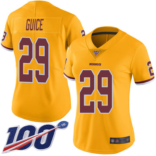 Washington Commanders #29 Derrius Guice Gold Women's Stitched Limited Rush 100th Season Jersey Womens