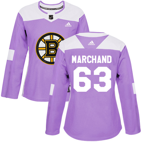 Adidas Boston Bruins #63 Brad Marchand Purple Authentic Fights Cancer Women's Stitched Jersey Womens