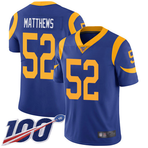 Los Angeles Rams #52 Clay Matthews Royal Blue Alternate Youth Stitched 100th Season Vapor Limited Jersey Youth