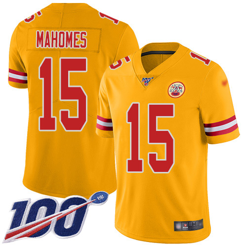Chiefs #15 Patrick Mahomes Gold Men's Stitched Limited Inverted Legend 100th Season Jersey