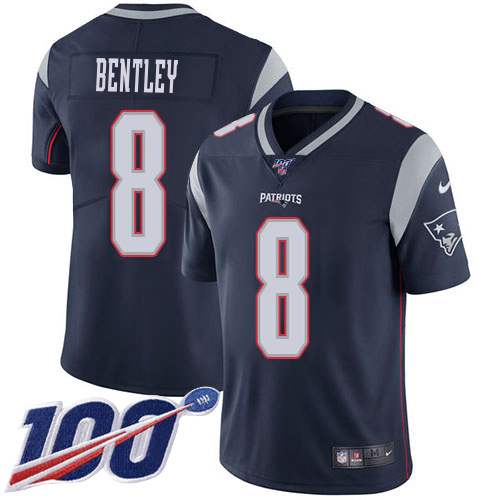 Patriots #8 Ja'Whaun Bentley Navy Blue Team Color Men's Stitched 100th Season Vapor Limited Jersey