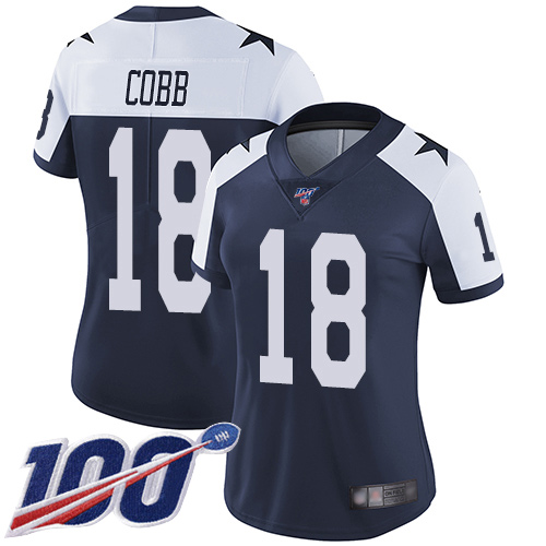 Dallas Cowboys #18 Randall Cobb Navy Blue Thanksgiving Women's Stitched 100th Season Vapor Throwback Limited Jersey Womens
