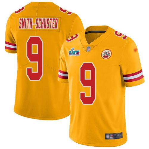 Chiefs #9 JuJu Smith-Schuster Gold Super Bowl LVII Patch Men's Stitched Limited Inverted Legend Jersey