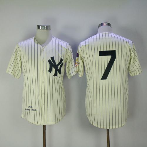 Mitchell And Ness 1951 New York Yankees #7 Mickey Mantle Cream Throwback Stitched Jersey Men's
