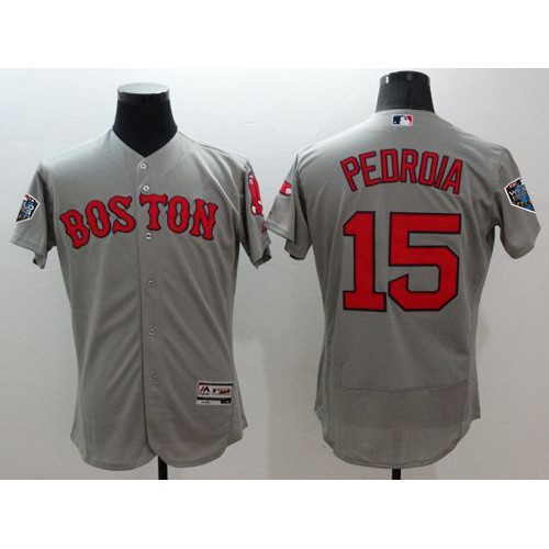 Boston Red Sox #15 Dustin Pedroia Grey Flexbase Authentic Collection 2018 World Series Stitched Jersey Men's