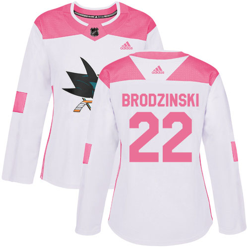 Adidas San Jose Sharks #22 Jonny Brodzinski White/Pink Authentic Fashion Women's Stitched Jersey Womens