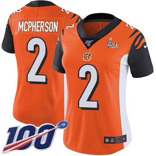 Bengals #2 Evan McPherson Orange Super Bowl LVI Patch Alternate Women's Stitched 100th Season Vapor Untouchable Limited Jersey