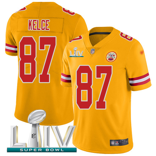 Chiefs #87 Travis Kelce Gold Super Bowl LIV 2020 Men's Stitched Limited Inverted Legend Jersey