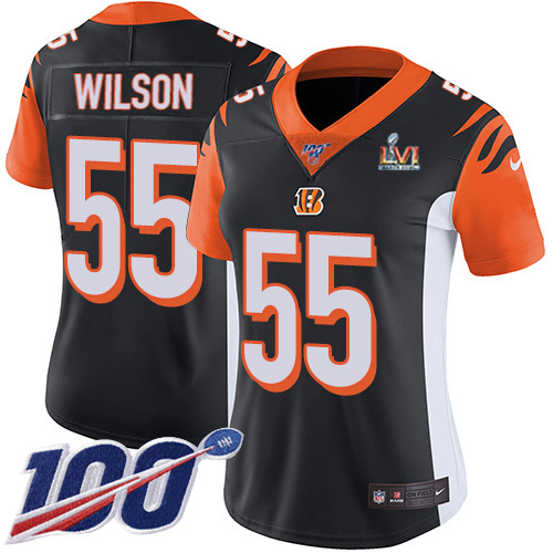 Cincinnati Bengals #55 Logan Wilson Black Team Color Super Bowl LVI Patch Women's Stitched 100th Season Vapor Untouchable Limited Jersey Womens