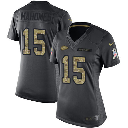 Chiefs #15 Patrick Mahomes Black Women's Stitched Limited 2016 Salute To Service Jersey