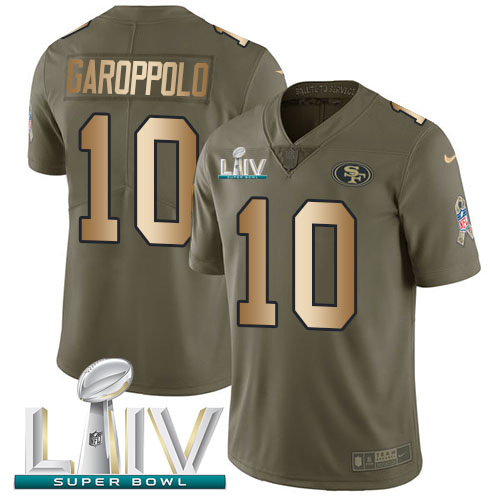 49ers #10 Jimmy Garoppolo Olive/Gold Super Bowl LIV 2020 Youth Stitched Limited 2017 Salute To Service Jersey