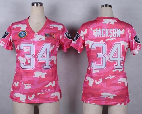Raiders #34 Bo Jackson Pink Women's Stitched Elite Camo Fashion Jersey