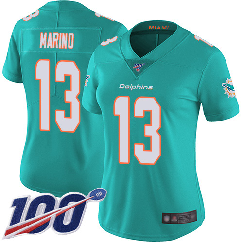 Dolphins #13 Dan Marino Aqua Green Team Color Women's Stitched 100th Season Vapor Limited Jersey