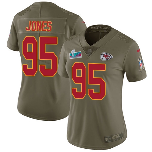 Chiefs #95 Chris Jones Olive Super Bowl LVII Patch Women's Stitched Limited 2017 Salute To Service Jersey
