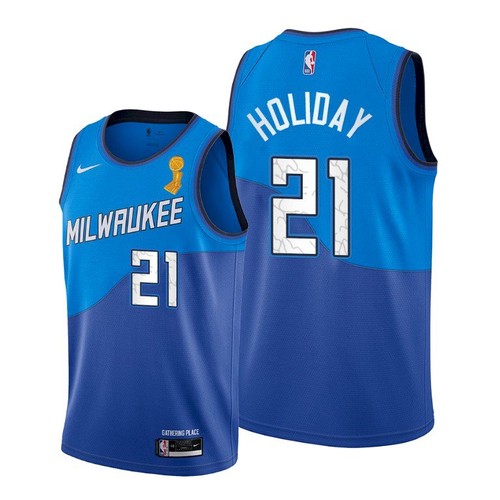 Milwaukee Bucks #21 Jrue Holiday Youth 2021 Finals Champions City Edition Jersey Blue Youth