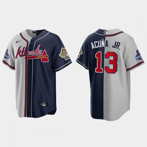 Atlanta Atlanta Braves #13 Ronald Acuna Jr. Men's 2021 World Series Champions 1995 Throwback Split Gray Navy Stitched Jersey Men's
