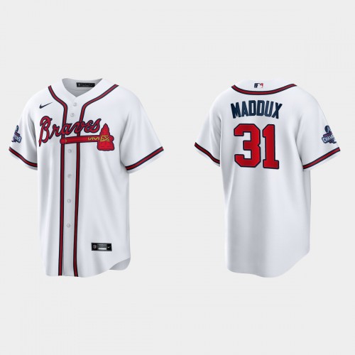 Atlanta Atlanta Braves #31 Greg Maddux Men's 2021 World Series Champions Patch Game Jersey - White Men's
