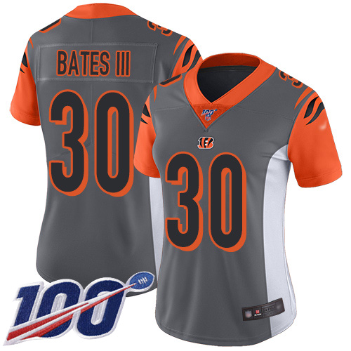 Bengals #30 Jessie Bates III Silver Women's Stitched Limited Inverted Legend 100th Season Jersey