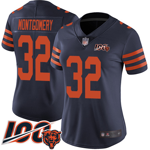 Chicago Bears #32 David Montgomery Navy Blue Alternate Women's Stitched 100th Season Vapor Limited Jersey Womens