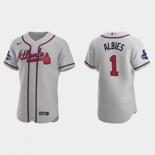 Atlanta Atlanta Braves #1 Ozzie Albies Men's 2021 World Series Champions Patch Authentic Player Jersey - Gray Men's
