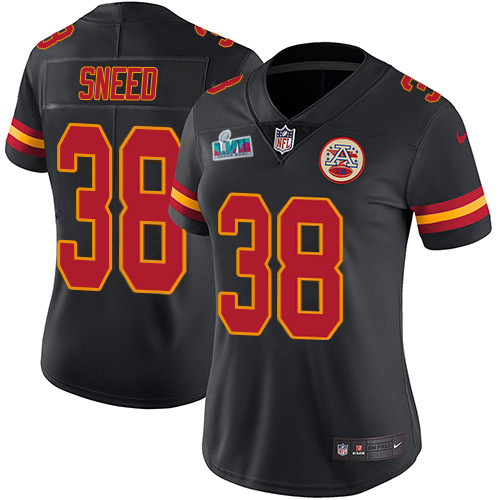 Chiefs #38 L'Jarius Sneed Black Super Bowl LVII Patch Women's Stitched Limited Rush Jersey