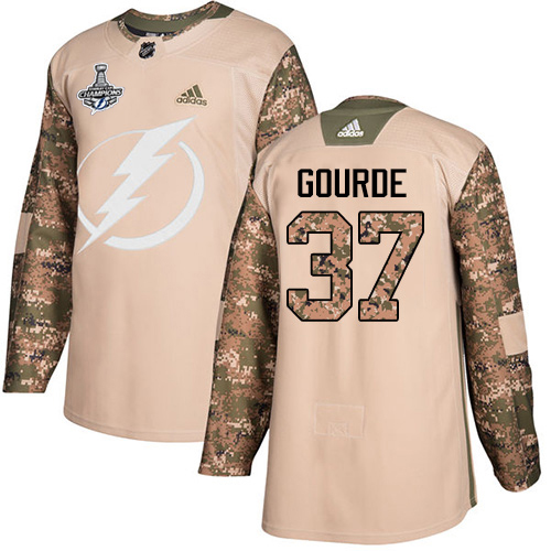 Adidas Tampa Bay Lightning #37 Yanni Gourde Camo Authentic 2017 Veterans Day 2020 Stanley Cup Champions Stitched Jersey Men's