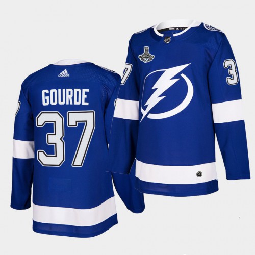 Adidas Tampa Bay Lightning #37 Yanni Gourde Blue Home Authentic 2021 Stanley Cup Champions Jersey Men's
