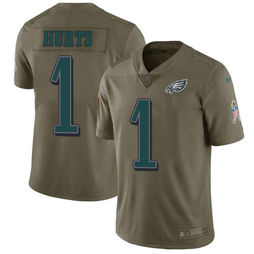 Eagles #1 Jalen Hurts Olive Youth Stitched Limited 2017 Salute To Service Jersey