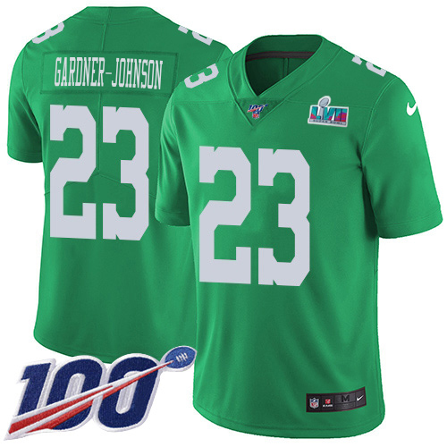 Eagles #23 C.J. Gardner-Johnson Green Super Bowl LVII Patch Youth Stitched Limited Rush 100th Season Jersey
