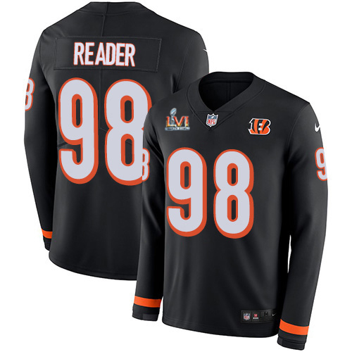 Cincinnati Bengals #98 D.J. Reader Black Team Color Super Bowl LVI Patch Men's Stitched Limited Therma Long Sleeve Jersey Men's
