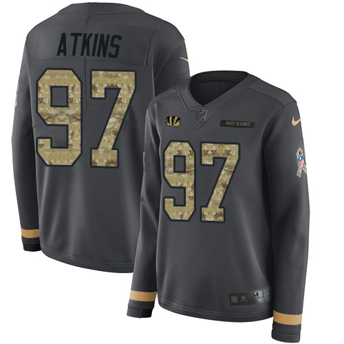 Cincinnati Bengals #97 Geno Atkins Anthracite Salute to Service Women's Stitched Limited Therma Long Sleeve Jersey Womens