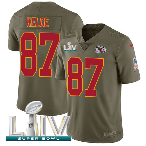 Chiefs #87 Travis Kelce Olive Super Bowl LIV 2020 Youth Stitched Limited 2017 Salute To Service Jersey