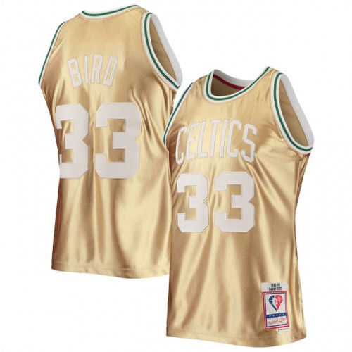 Boston Celtics #33 Larry Bird Mens Gold Mitchell & Ness 75th Anniversary 1985-86 Hardwood Classics Swingman Jersey Mens