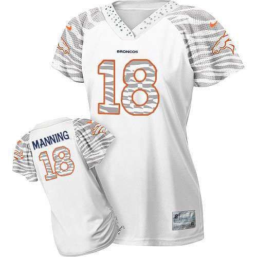 Broncos #18 Peyton Manning White Women's Zebra Field Flirt Stitched Elite Jersey