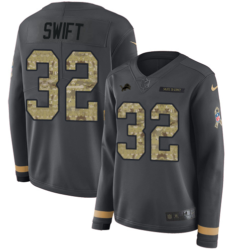 Detroit Lions #32 D'Andre Swift Anthracite Salute to Service Women's Stitched Limited Therma Long Sleeve Jersey Womens