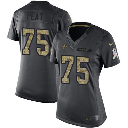 New Orleans Saints #75 Andrus Peat Black Women's Stitched Limited 2016 Salute to Service Jersey Womens