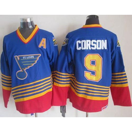 St. Louis Blues #9 Shayne Corson Light Blue/Red CCM Throwback Stitched Jersey Men's