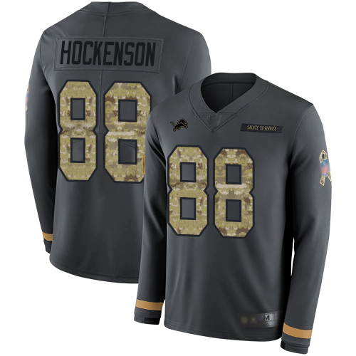 Detroit Lions #88 T.J. Hockenson Anthracite Salute to Service Men's Stitched Limited Therma Long Sleeve Jersey Men's