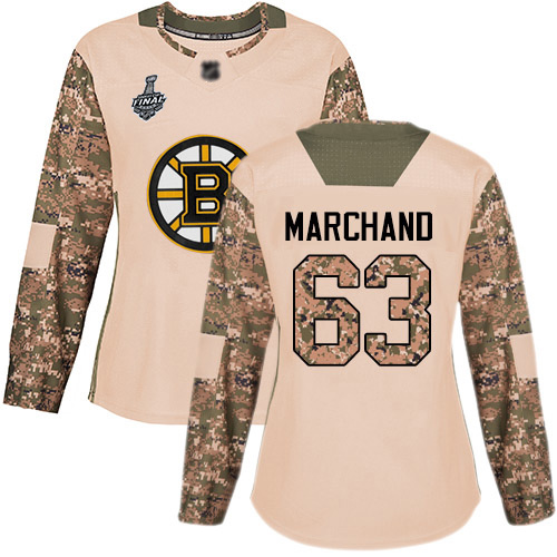Adidas Boston Bruins #63 Brad Marchand Camo Authentic 2017 Veterans Day Stanley Cup Final Bound Women's Stitched Jersey Womens
