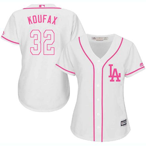 Los Angeles Dodgers #32 Sandy Koufax White/Pink Fashion Women's Stitched Jersey Womens