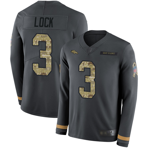 Denver Broncos #3 Drew Lock Anthracite Salute to Service Men's Stitched Limited Therma Long Sleeve Jersey Men's