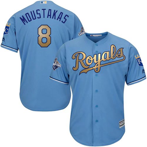 Kansas City Royals #8 Mike Moustakas Light Blue 2015 World Series Champions Gold Program Cool Base Stitched Youth Jersey Youth