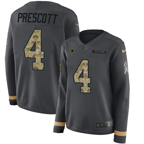 Cowboys #4 Dak Prescott Anthracite Salute To Service Women's Stitched Limited Therma Long Sleeve Jersey